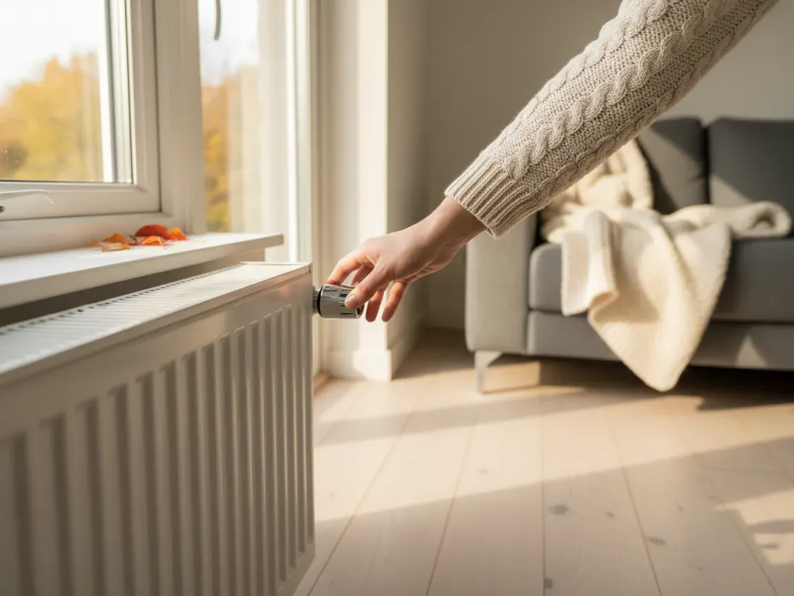 Zbliżenie na dłoń regulującą zawór termostatyczny na białym kaloryferze przy oknie w przytulnym, jasnym salonie z jesiennym słońcem.